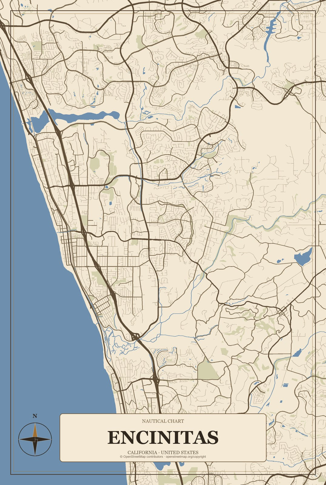 Encinitas, California City Map Aluminum Sign in Heritage Nautical style