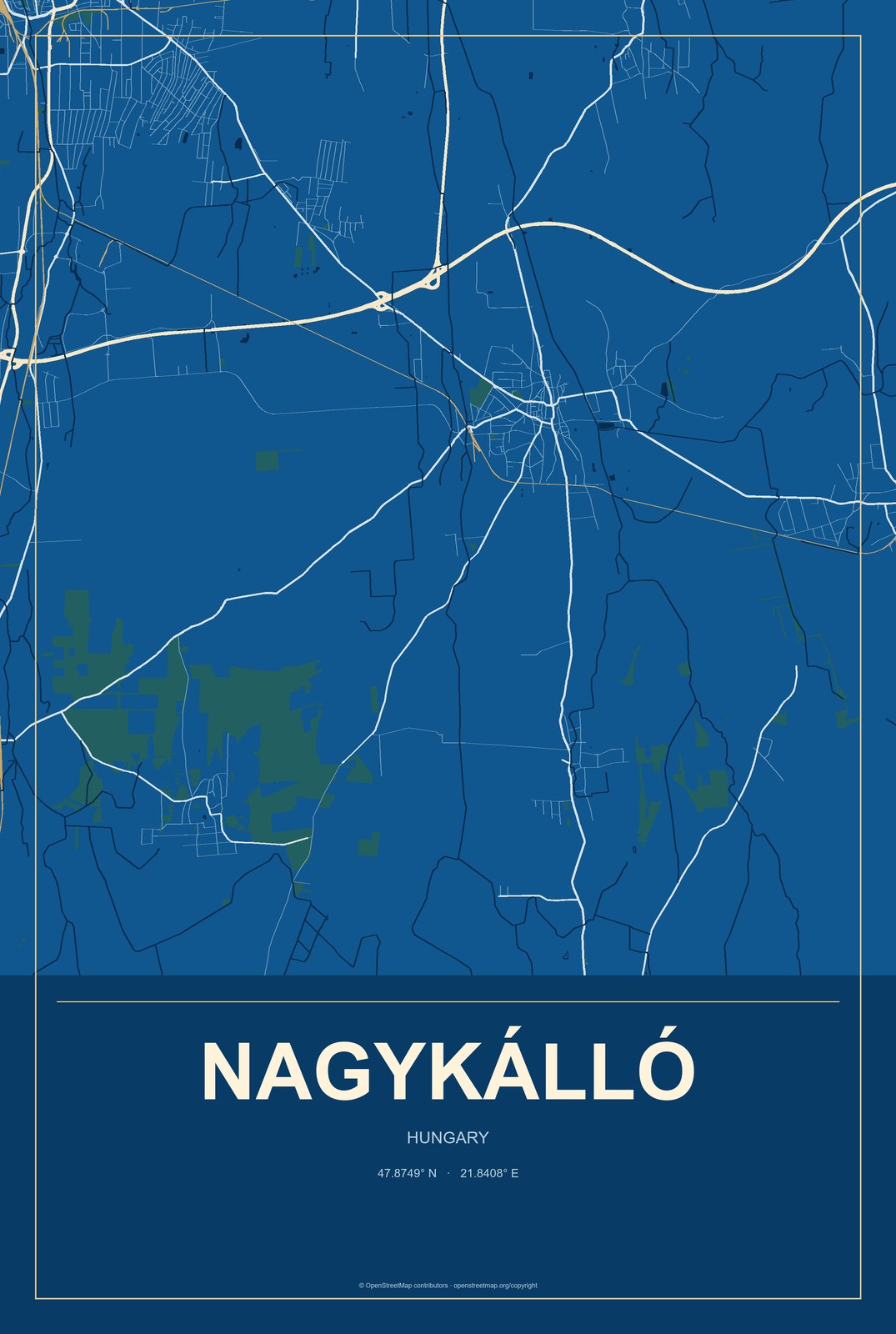 Nagykálló, Hungary City Map Aluminum Sign in Harbor Cobalt style