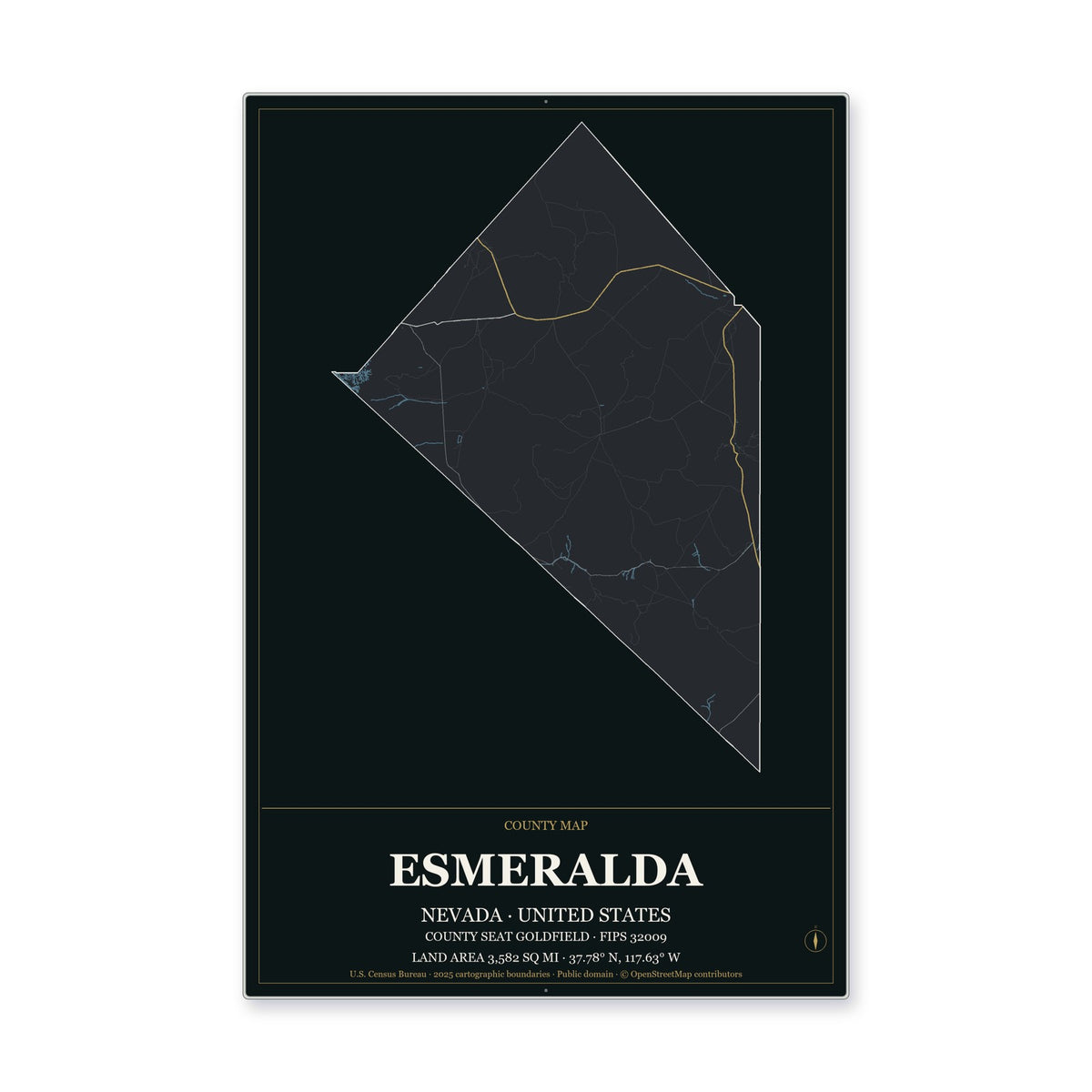Esmeralda County, Nevada Map Aluminum Sign in Metropolitan Noir style