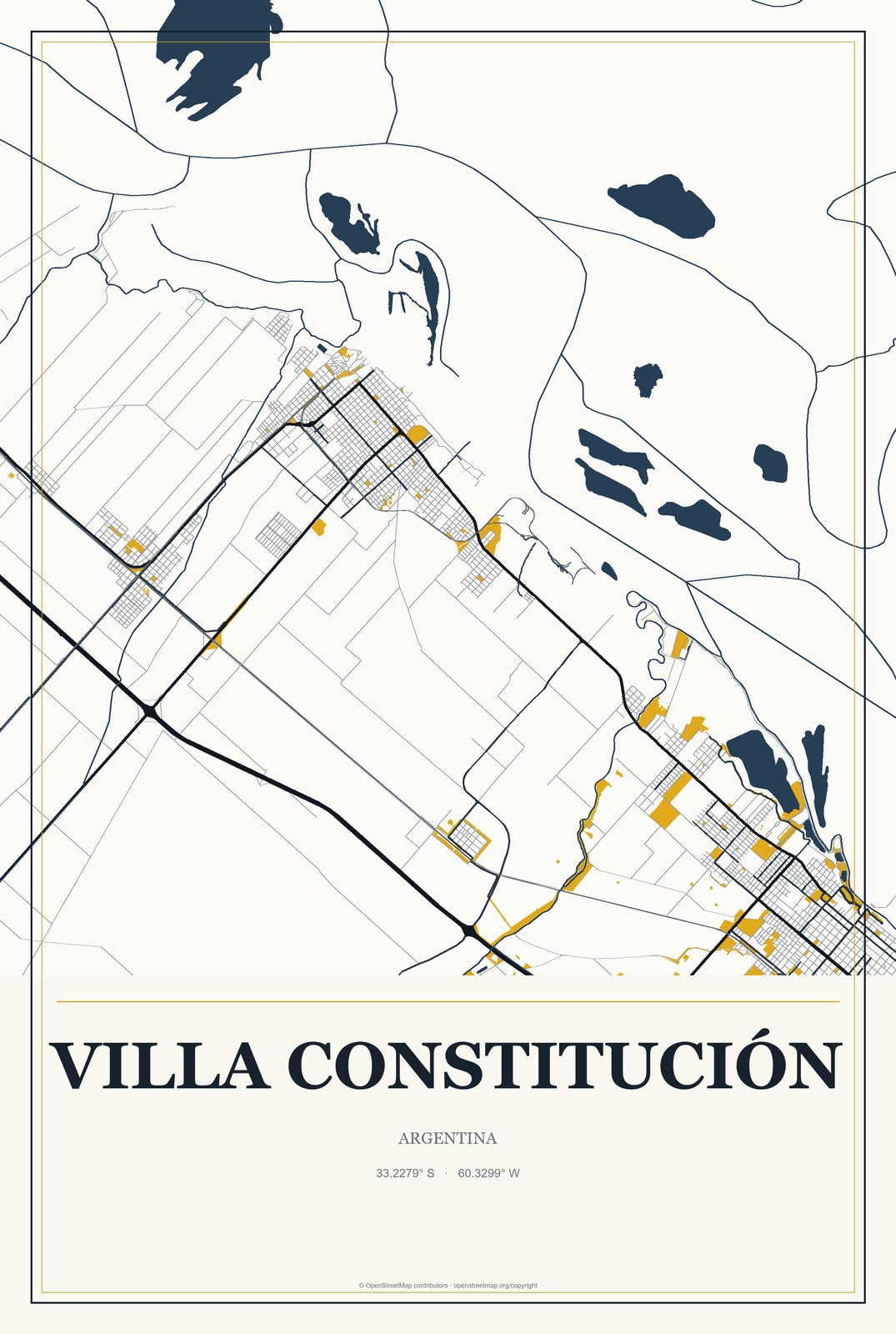 Villa Constitución, Argentina City Map Aluminum Sign in Citrine Modern style
