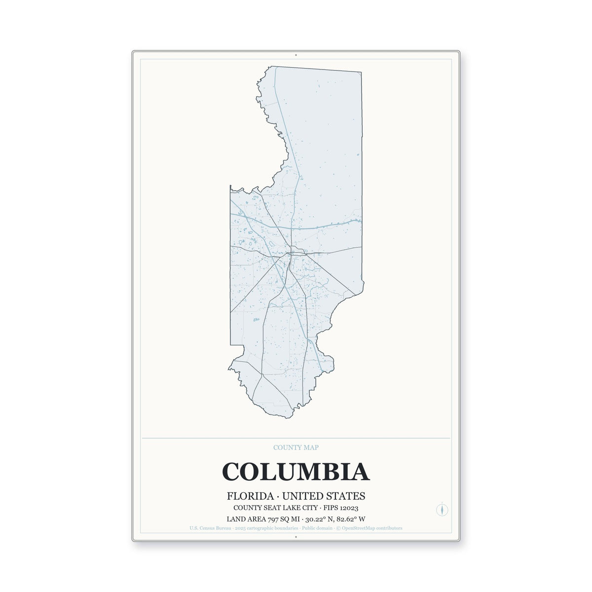 Columbia County, Florida Map Aluminum Sign in Gallery Air style