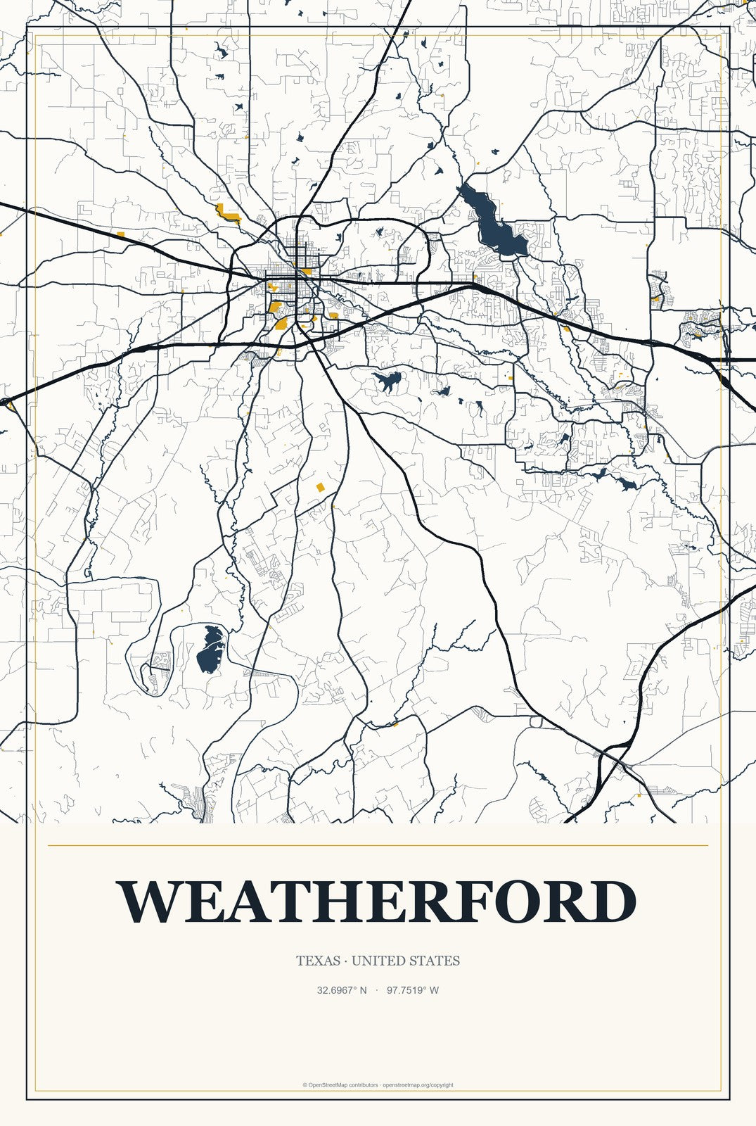 Weatherford, Texas City Map Aluminum Sign in Citrine Modern style