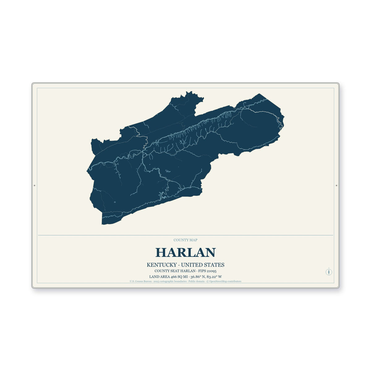 Harlan County, Kentucky Map Aluminum Sign in Coastal Cutout style