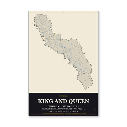 King and Queen County, Virginia Map Aluminum Sign in Museum Plaque style
