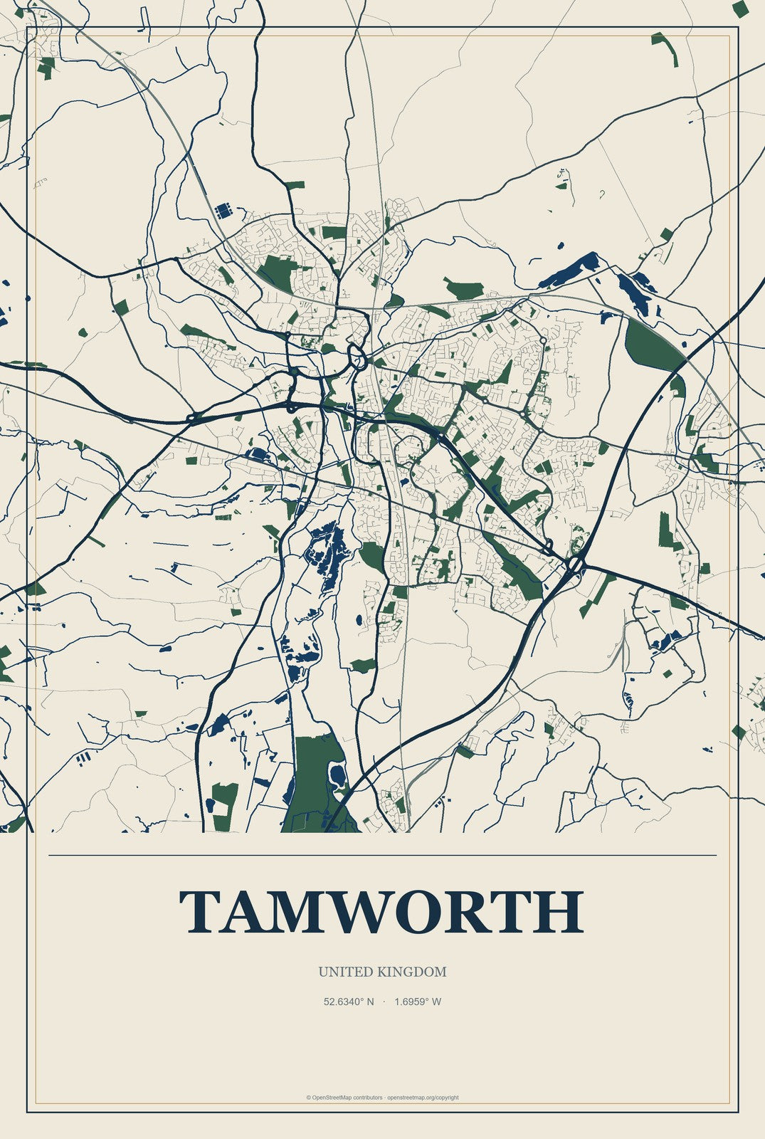 Tamworth, United Kingdom City Map Aluminum Sign in Coastal Cutout style