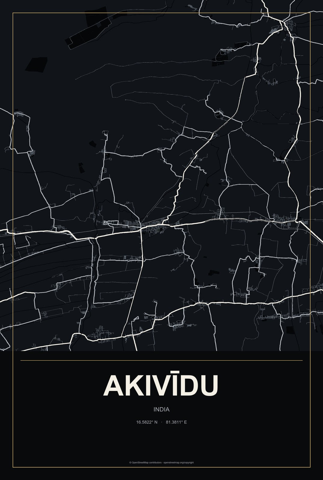 Akivīdu, India City Map Aluminum Sign in Metropolitan Noir style
