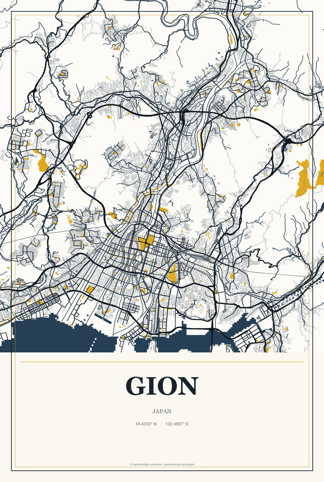 Gion, Japan City Map Aluminum Sign in Citrine Modern style