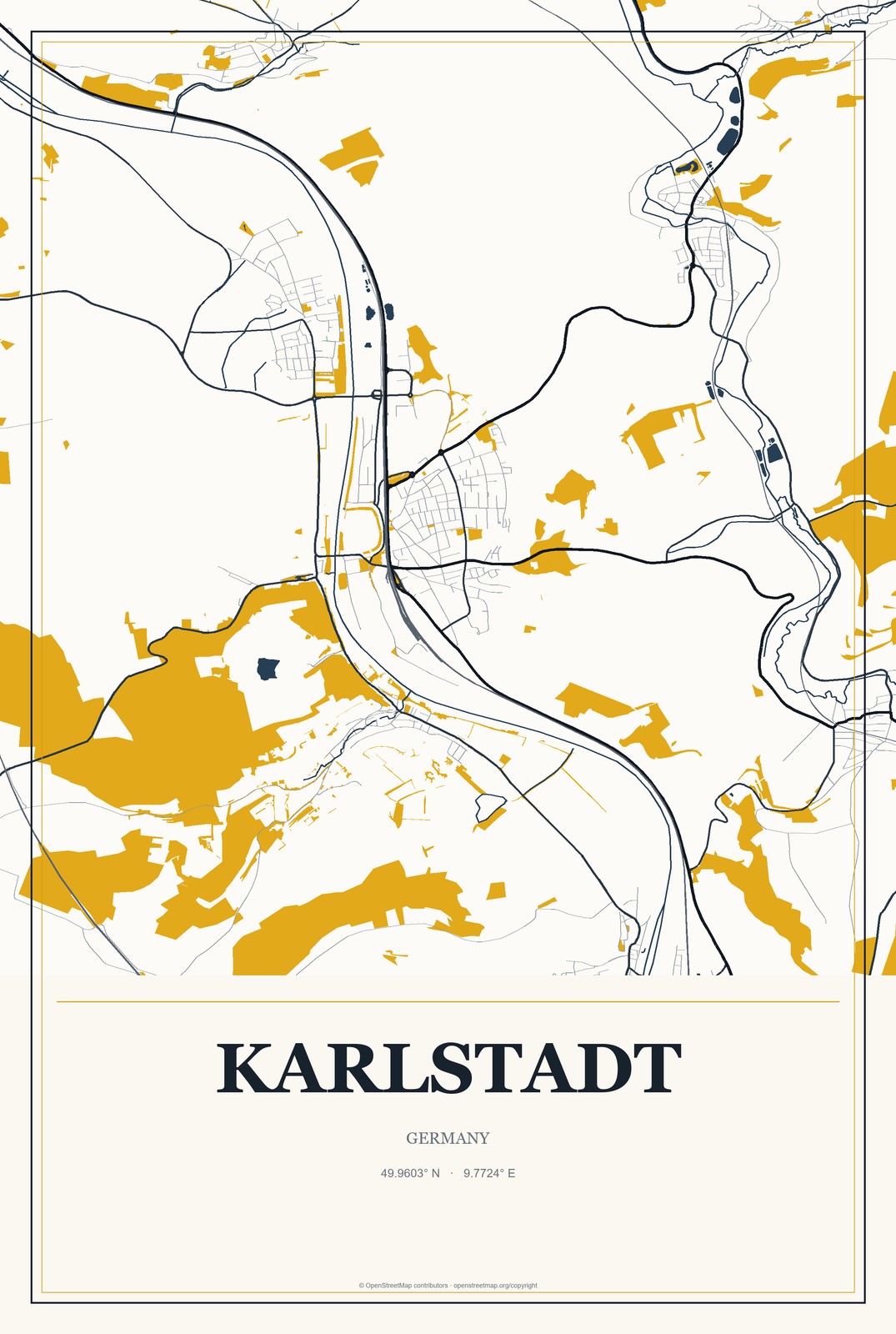 Karlstadt, Germany City Map Aluminum Sign in Citrine Modern style