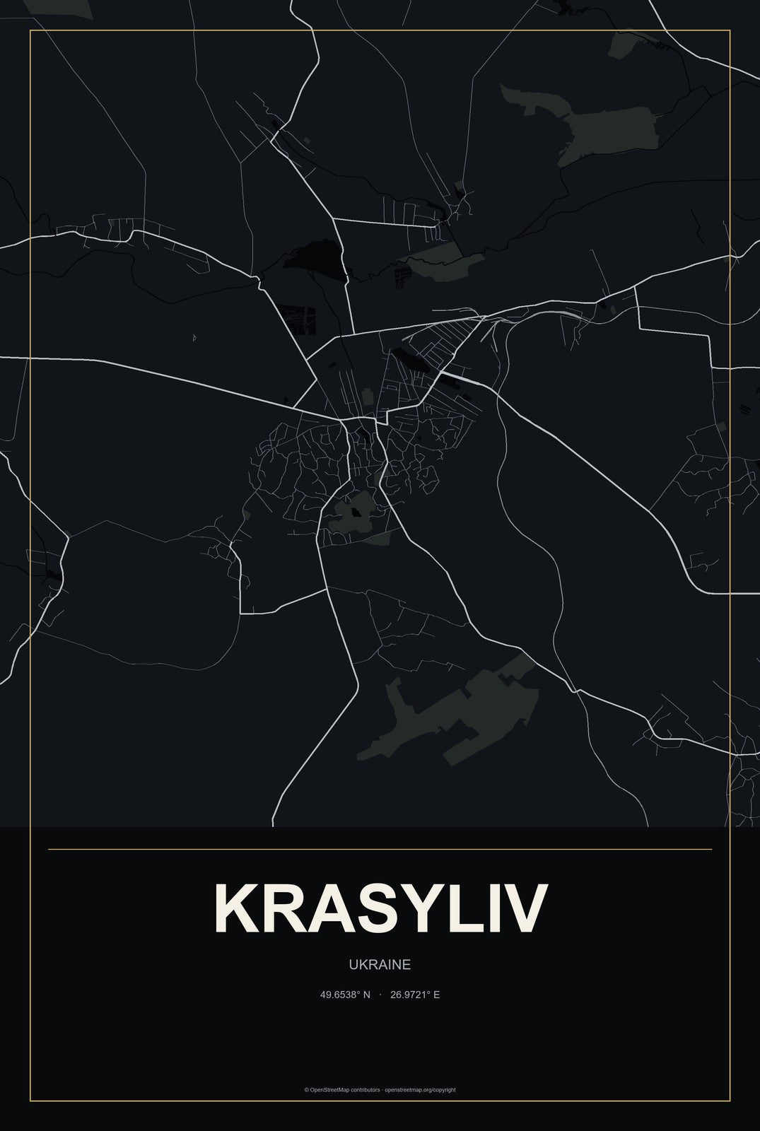 Krasyliv, Ukraine City Map Aluminum Sign in Metropolitan Noir style