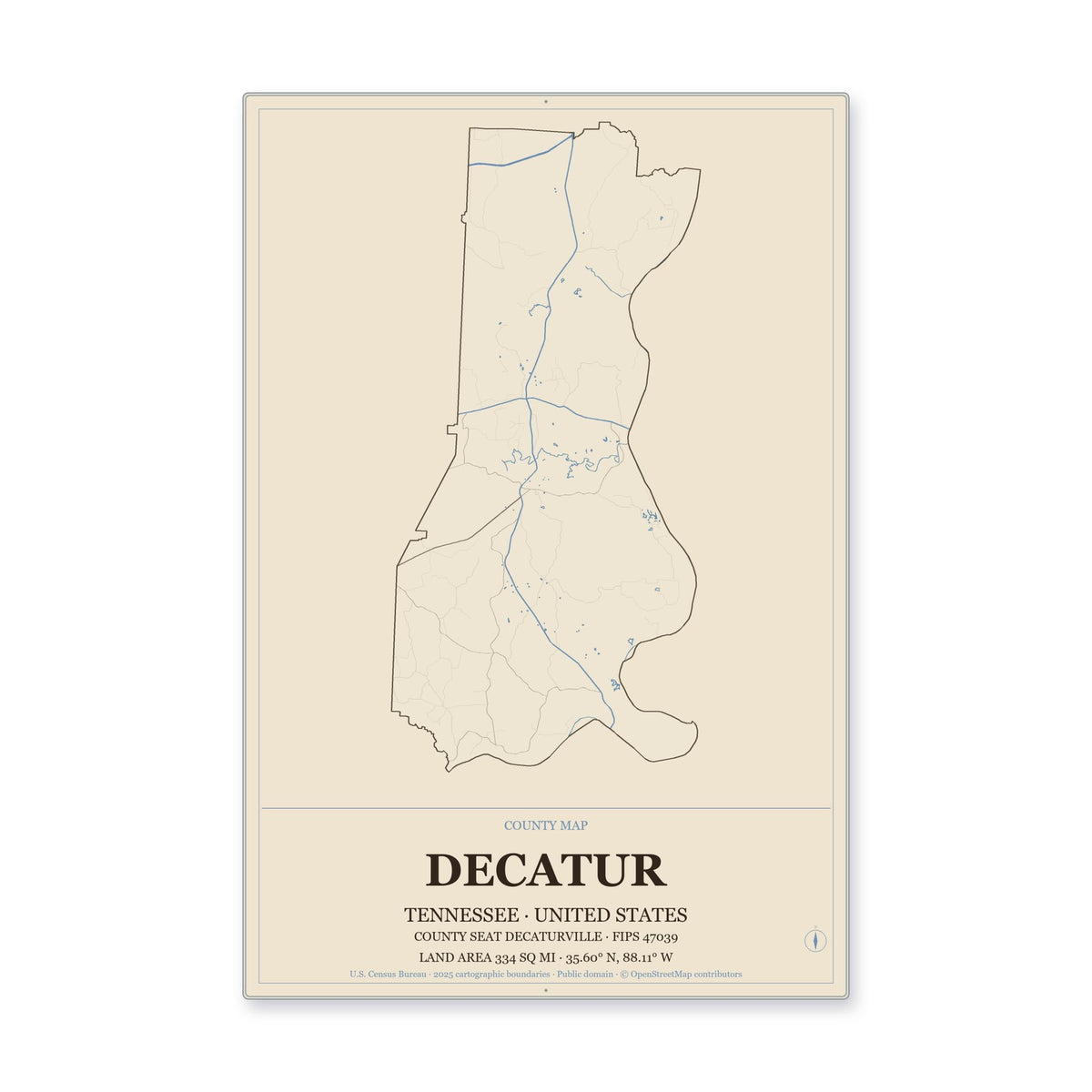 Decatur County, Tennessee Map Aluminum Sign in Heritage Nautical style