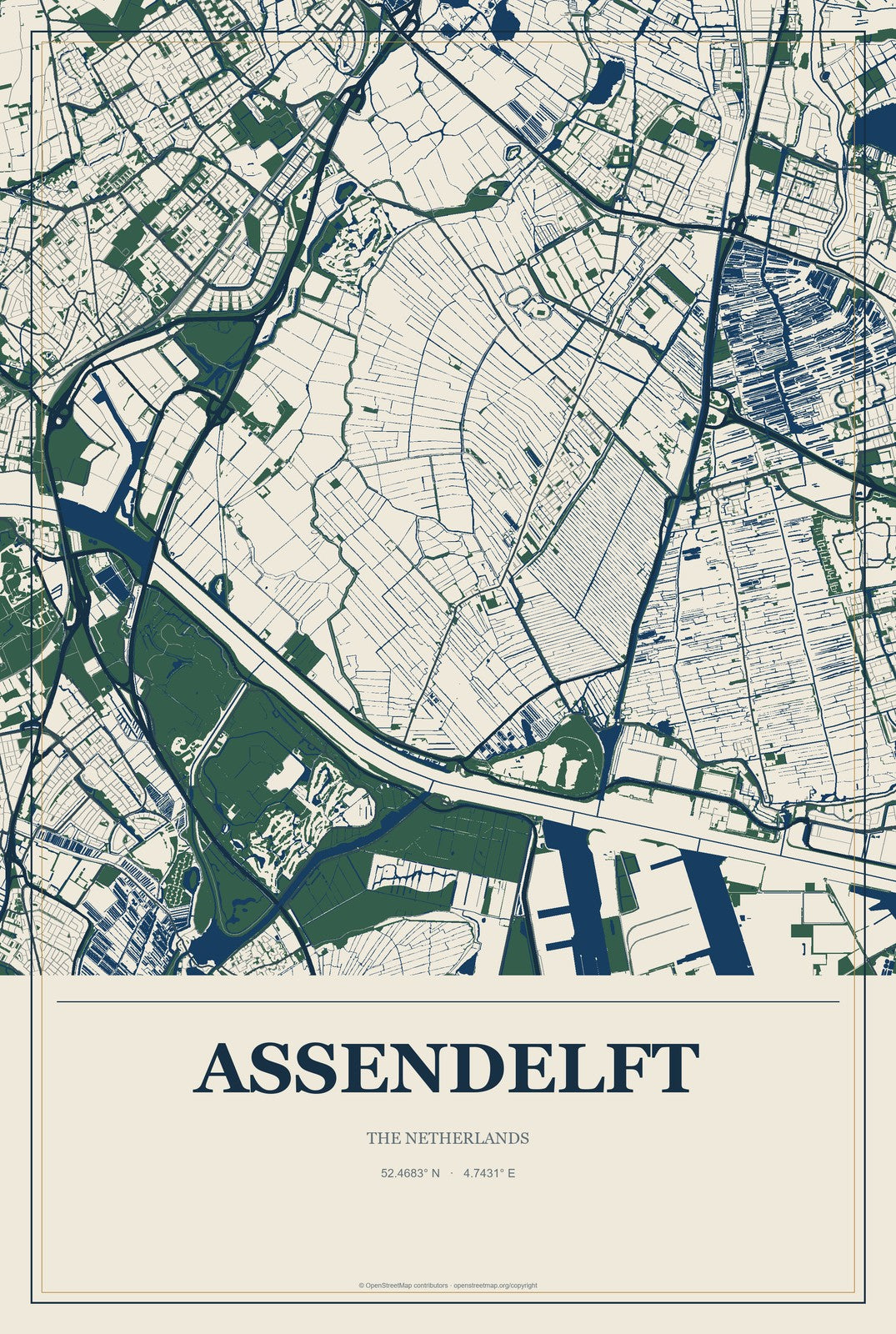 Assendelft, The Netherlands City Map Aluminum Sign in Coastal Cutout style