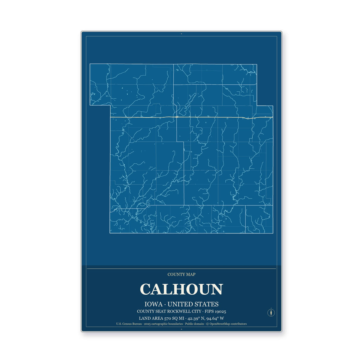 Calhoun County, Iowa Map Aluminum Sign in Harbor Cobalt style