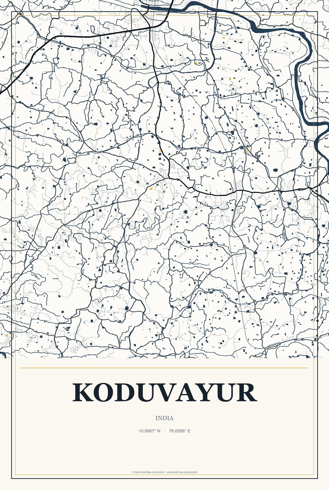 Koduvayur, India City Map Aluminum Sign in Citrine Modern style