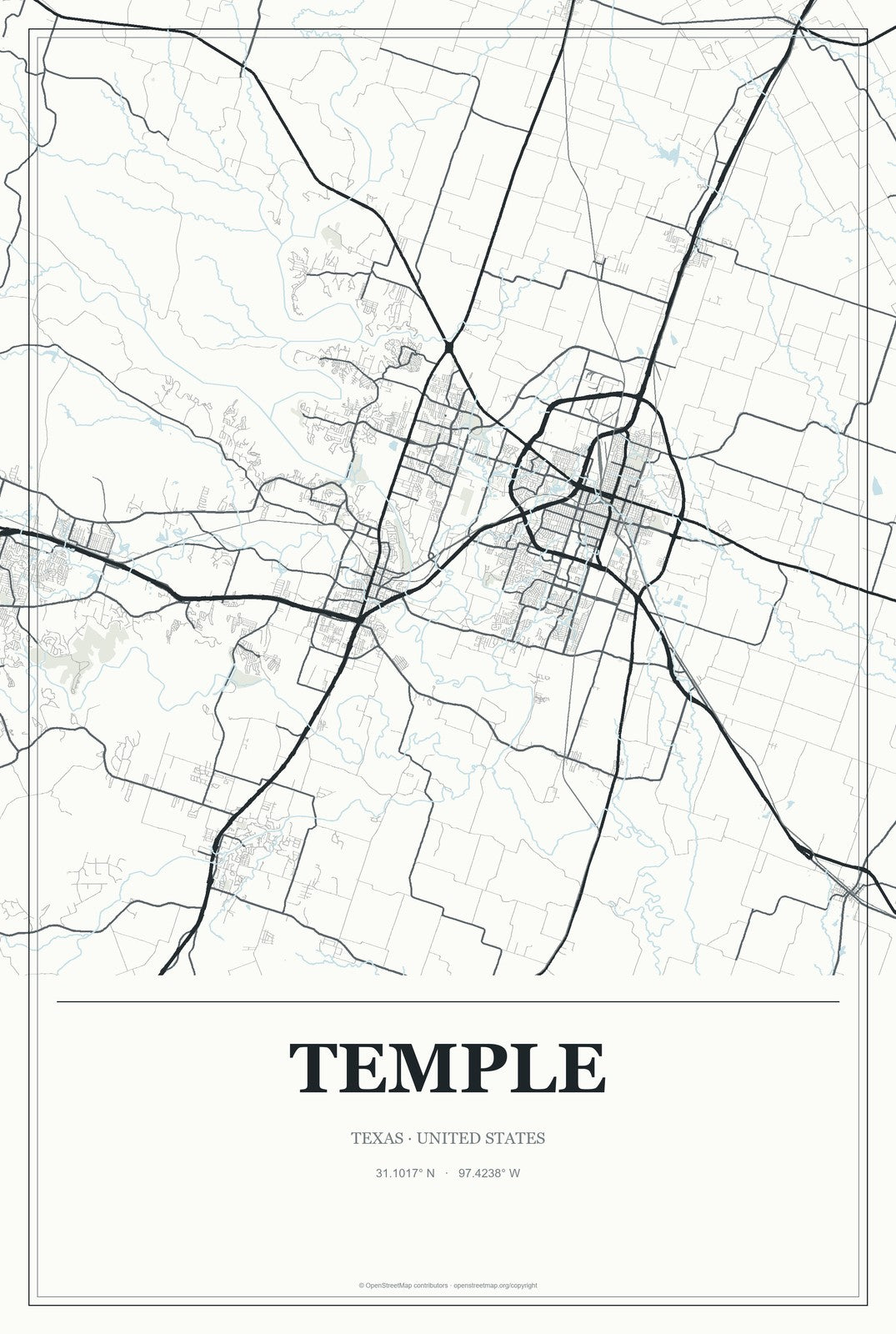 Temple, Texas City Map Aluminum Sign in Gallery Air style