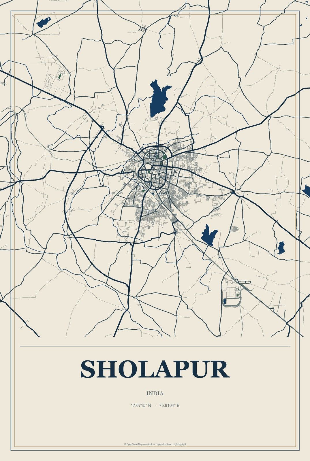 Sholapur, India City Map Aluminum Sign in Coastal Cutout style