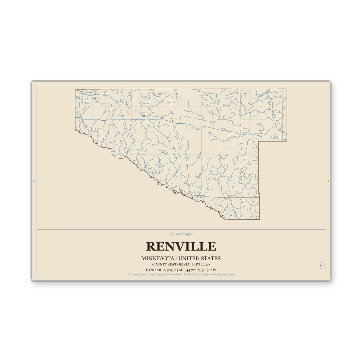 Renville County, Minnesota Map Aluminum Sign in Heritage Nautical style