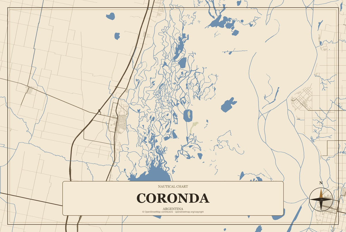 Coronda, Argentina City Map Aluminum Sign in Heritage Nautical style