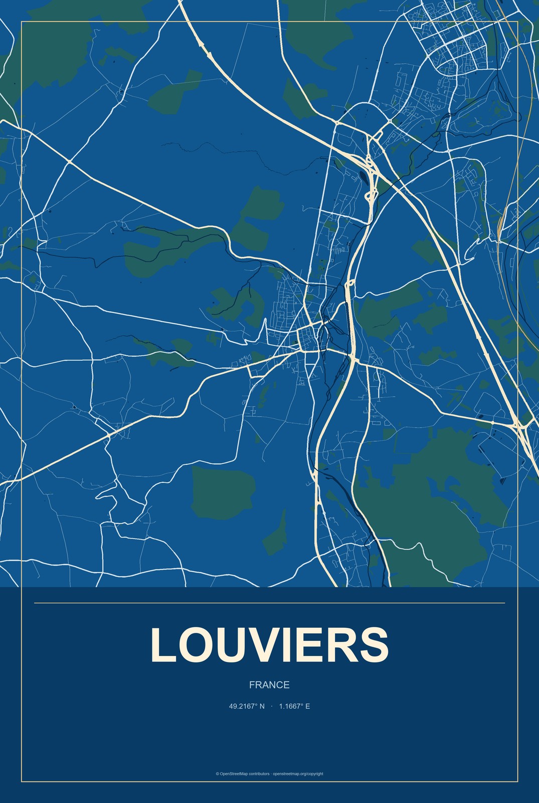 Louviers, France City Map Aluminum Sign in Harbor Cobalt style