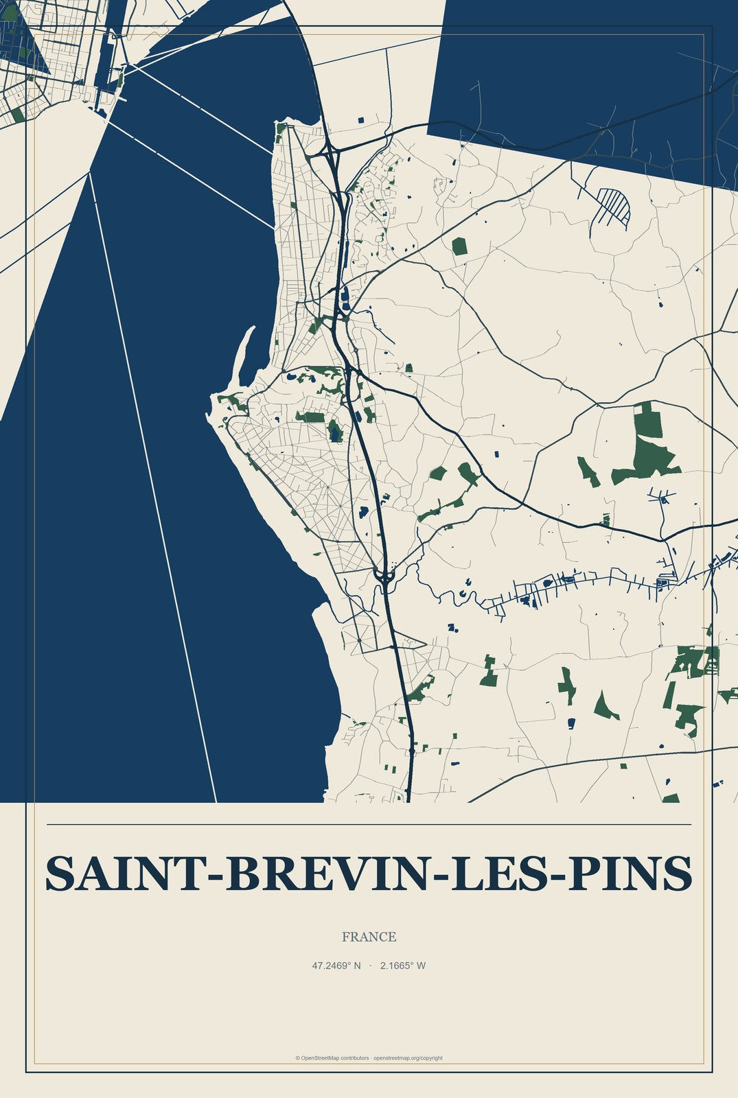 Saint-Brevin-les-Pins, France City Map Aluminum Sign in Coastal Cutout style
