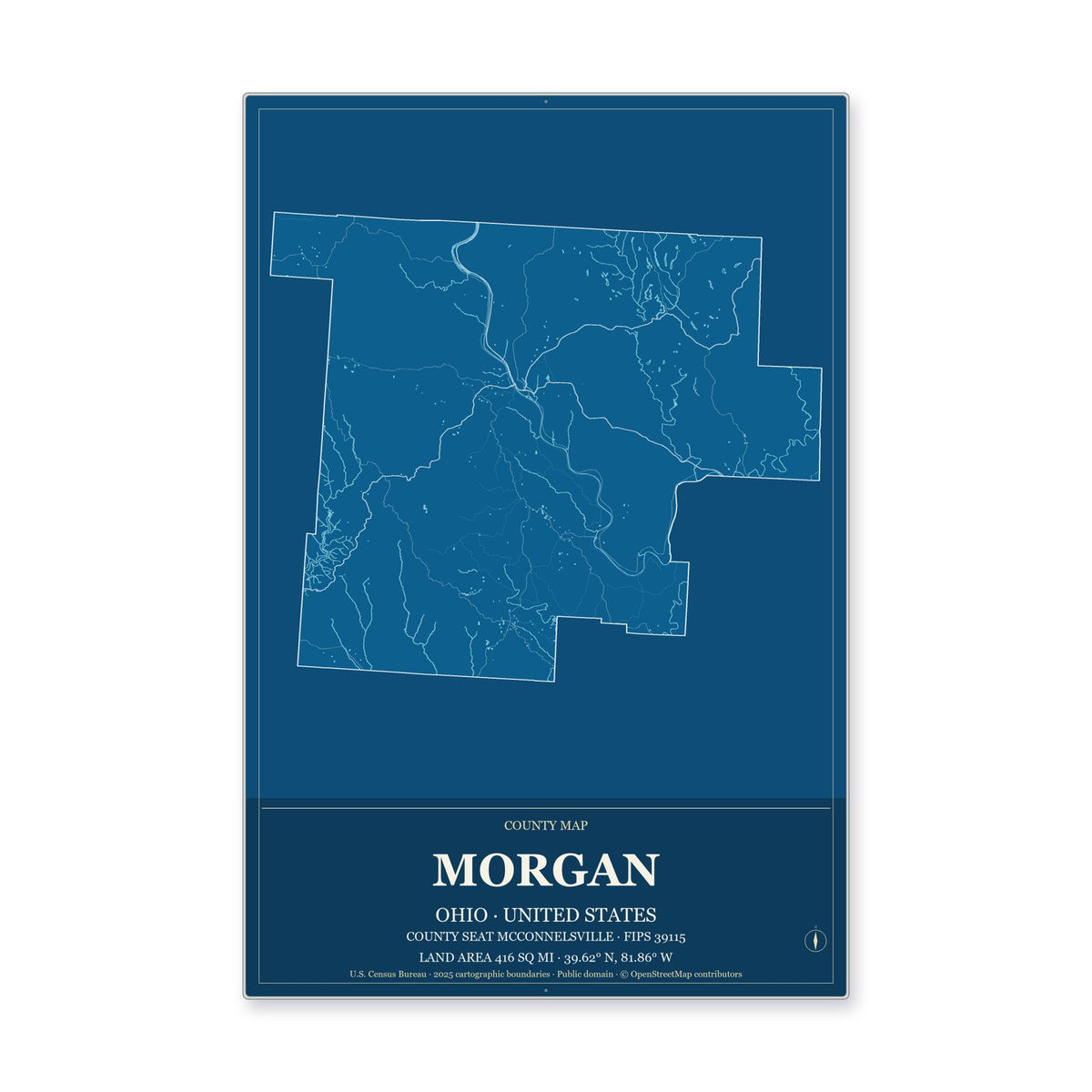 Morgan County, Ohio Map Aluminum Sign in Harbor Cobalt style