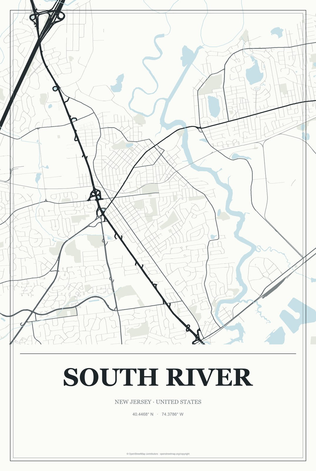 South River, New Jersey City Map Aluminum Sign in Gallery Air style