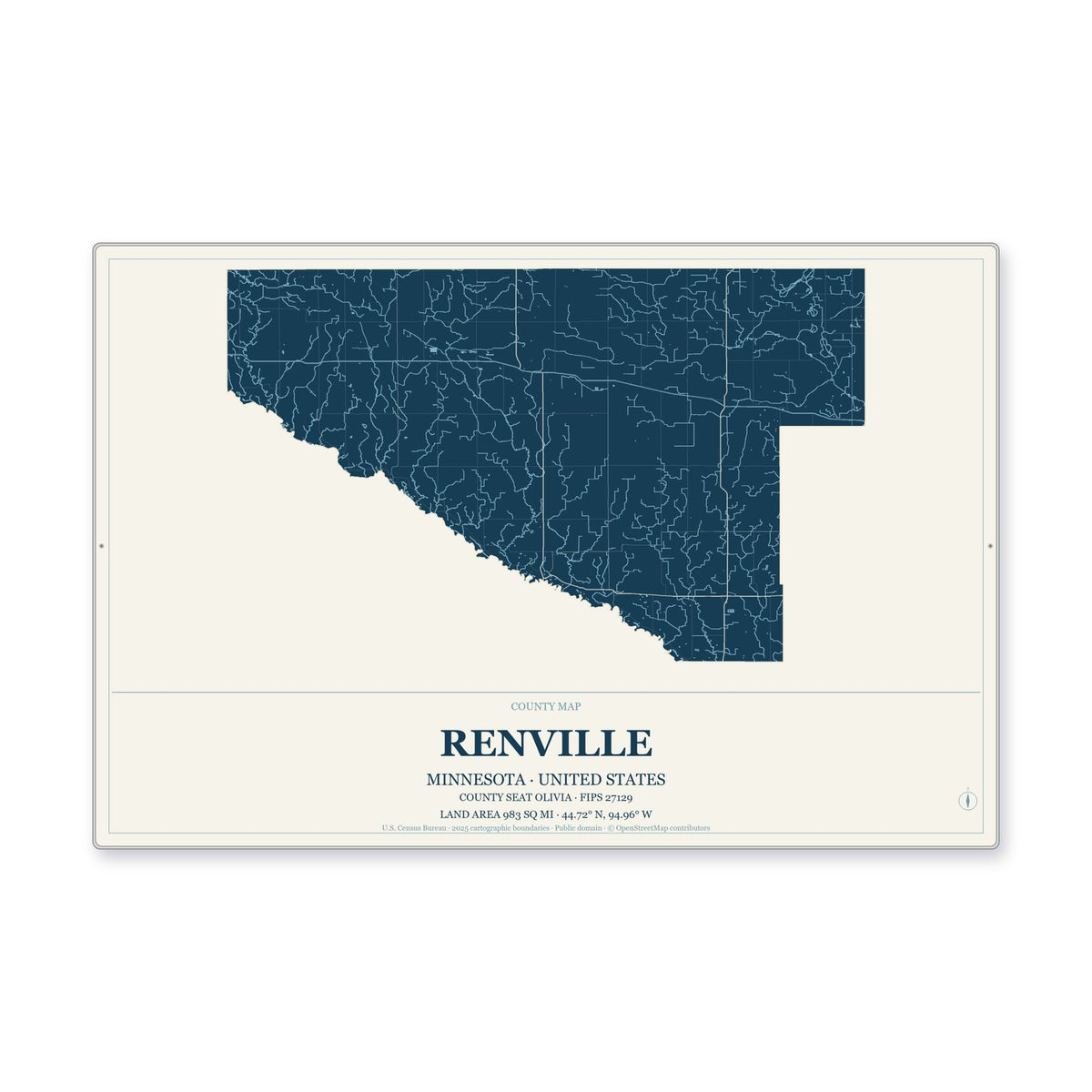 Renville County, Minnesota Map Aluminum Sign in Coastal Cutout style