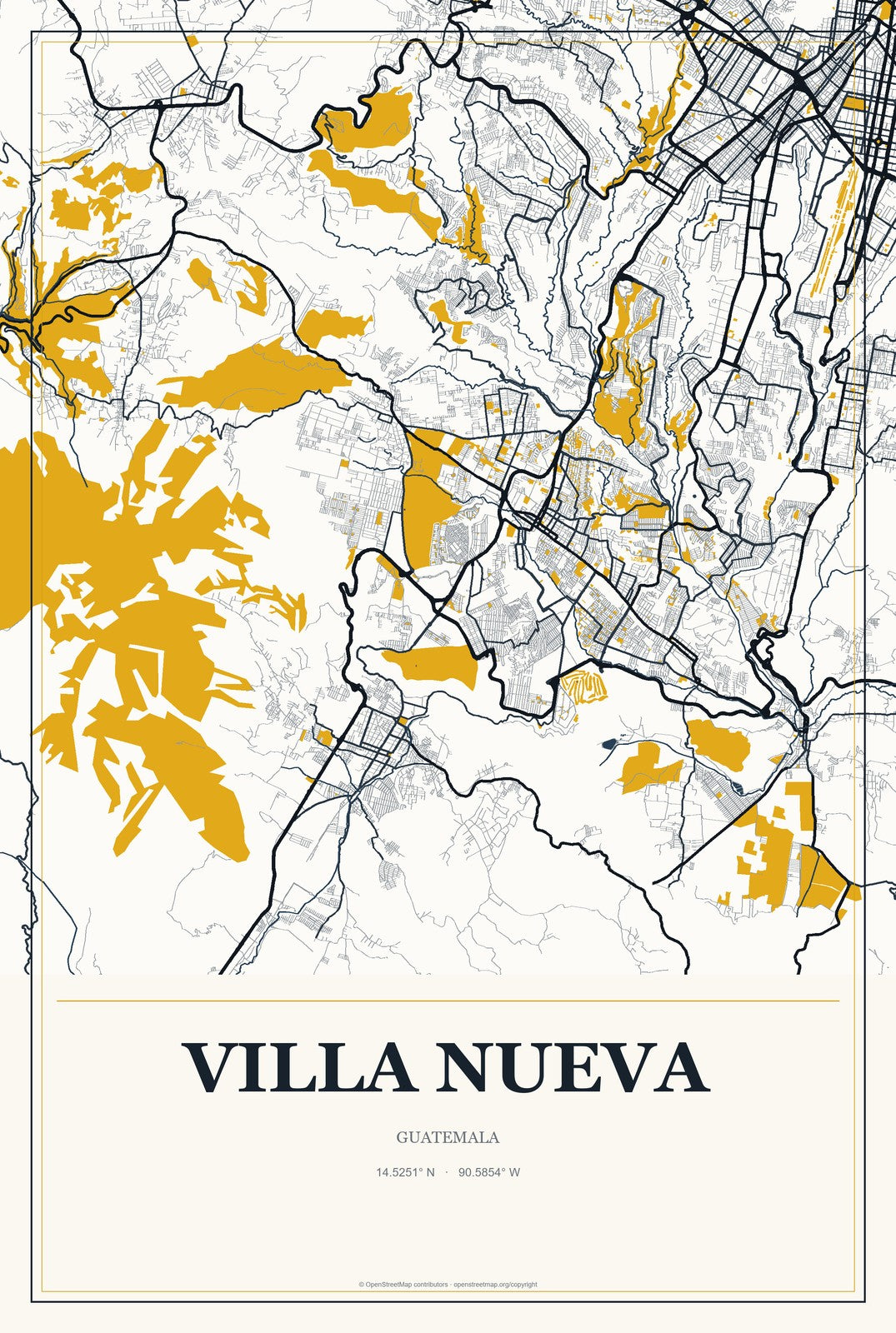 Villa Nueva, Guatemala City Map Aluminum Sign in Citrine Modern style