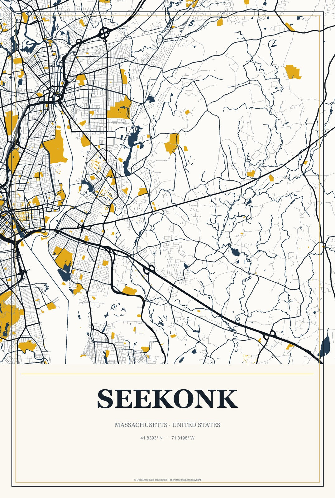 Seekonk, Massachusetts City Map Aluminum Sign in Citrine Modern style