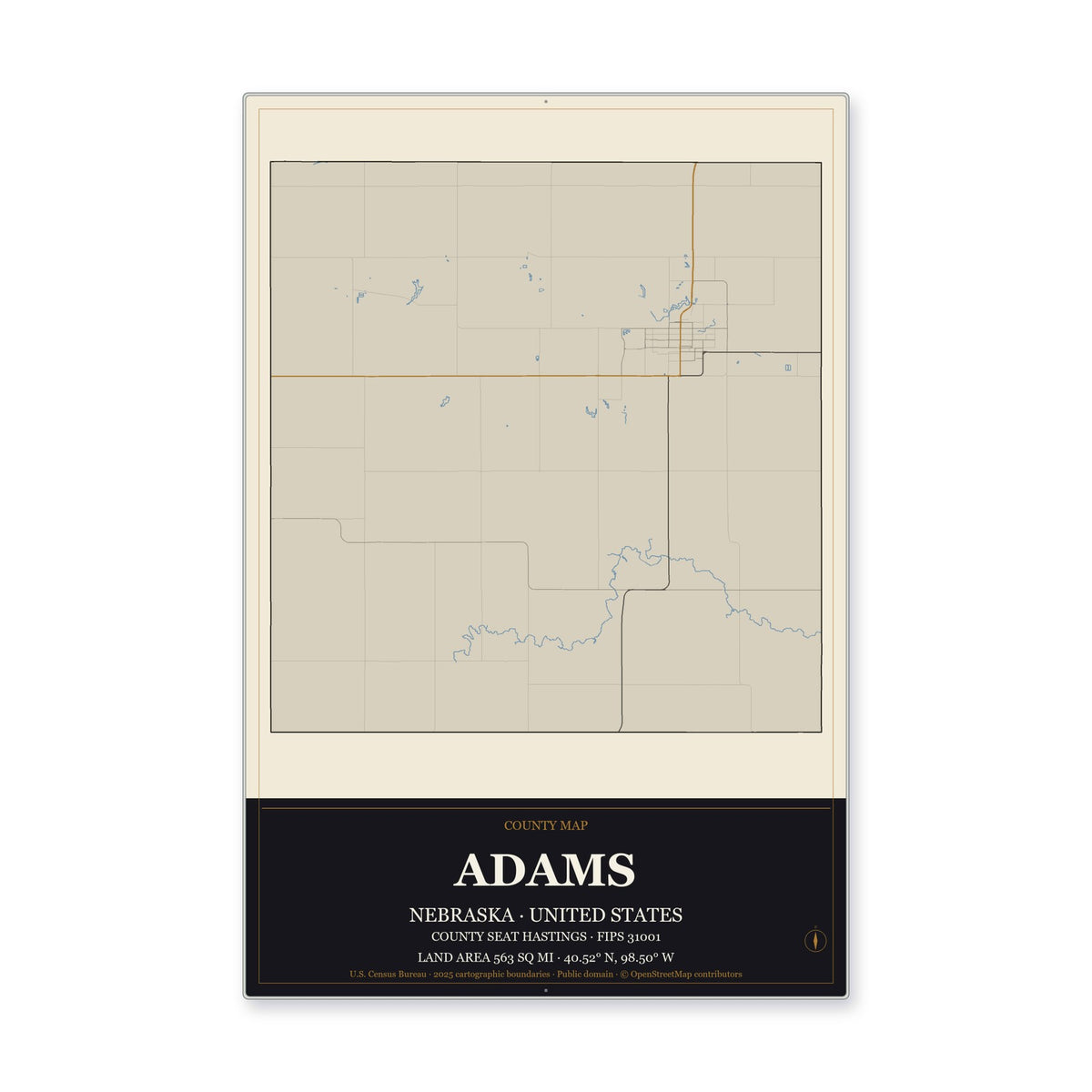 Adams County, Nebraska Map Aluminum Sign in Museum Plaque style