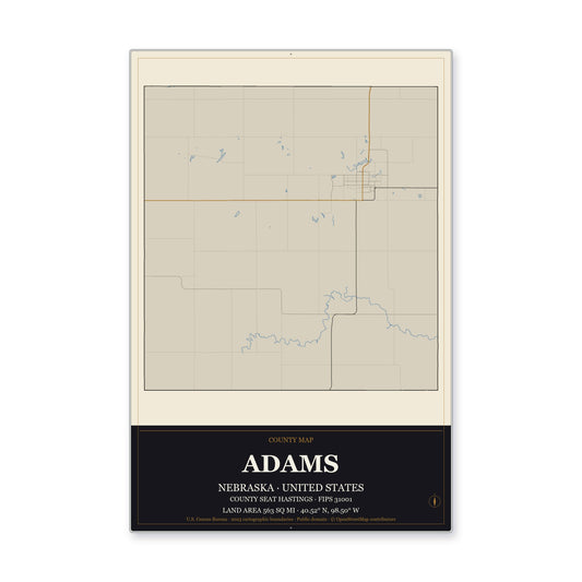 Adams County, Nebraska Map Aluminum Sign in Museum Plaque style