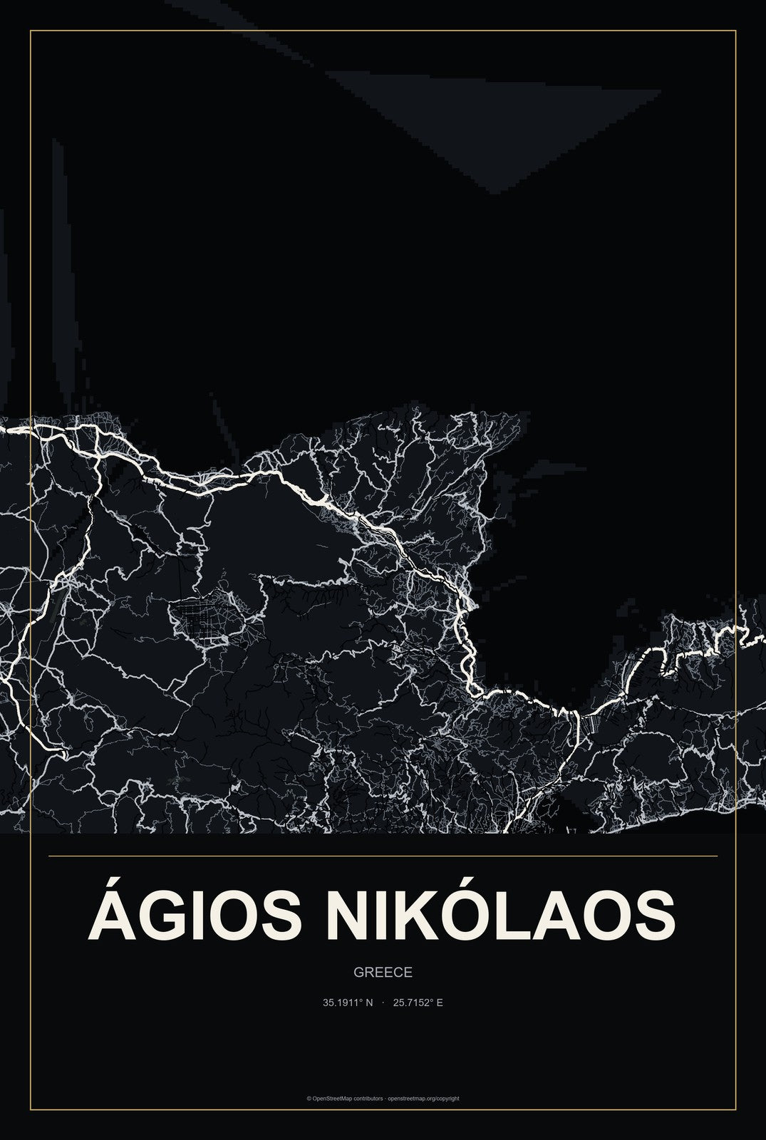 Ágios Nikólaos, Greece City Map Aluminum Sign in Metropolitan Noir style