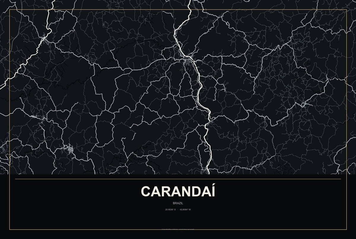 Carandaí, Brazil City Map Aluminum Sign in Metropolitan Noir style
