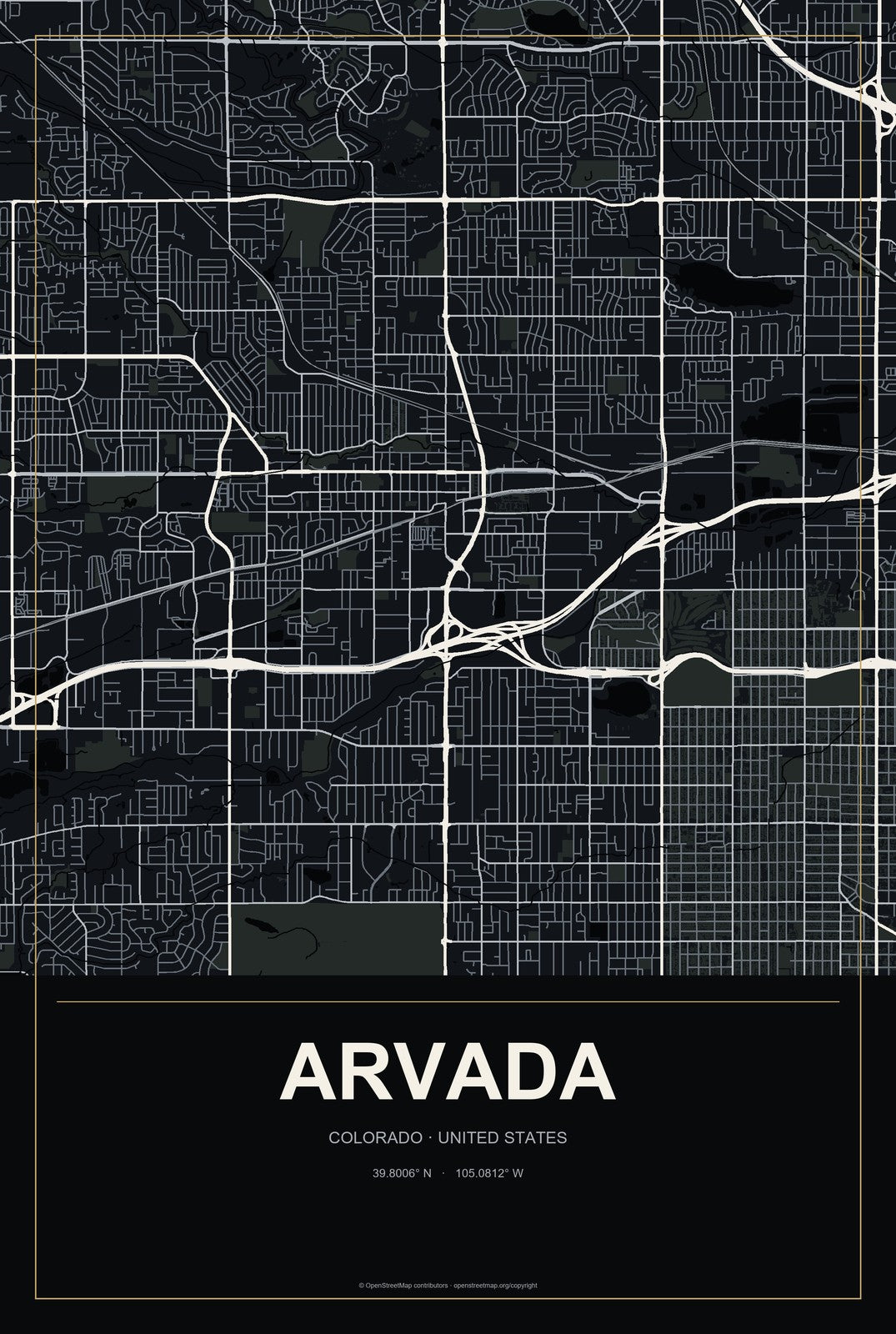 Arvada, Colorado City Map Aluminum Sign in Metropolitan Noir style