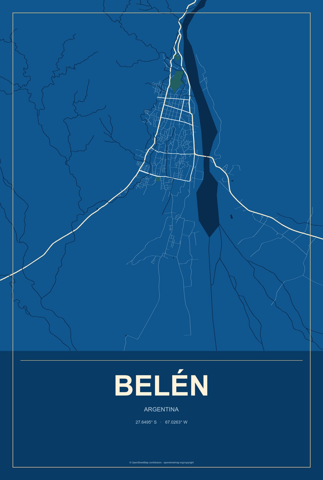 Belén, Argentina City Map Aluminum Sign in Harbor Cobalt style