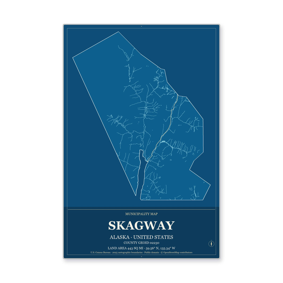 Skagway Municipality, Alaska Map Aluminum Sign in Harbor Cobalt style