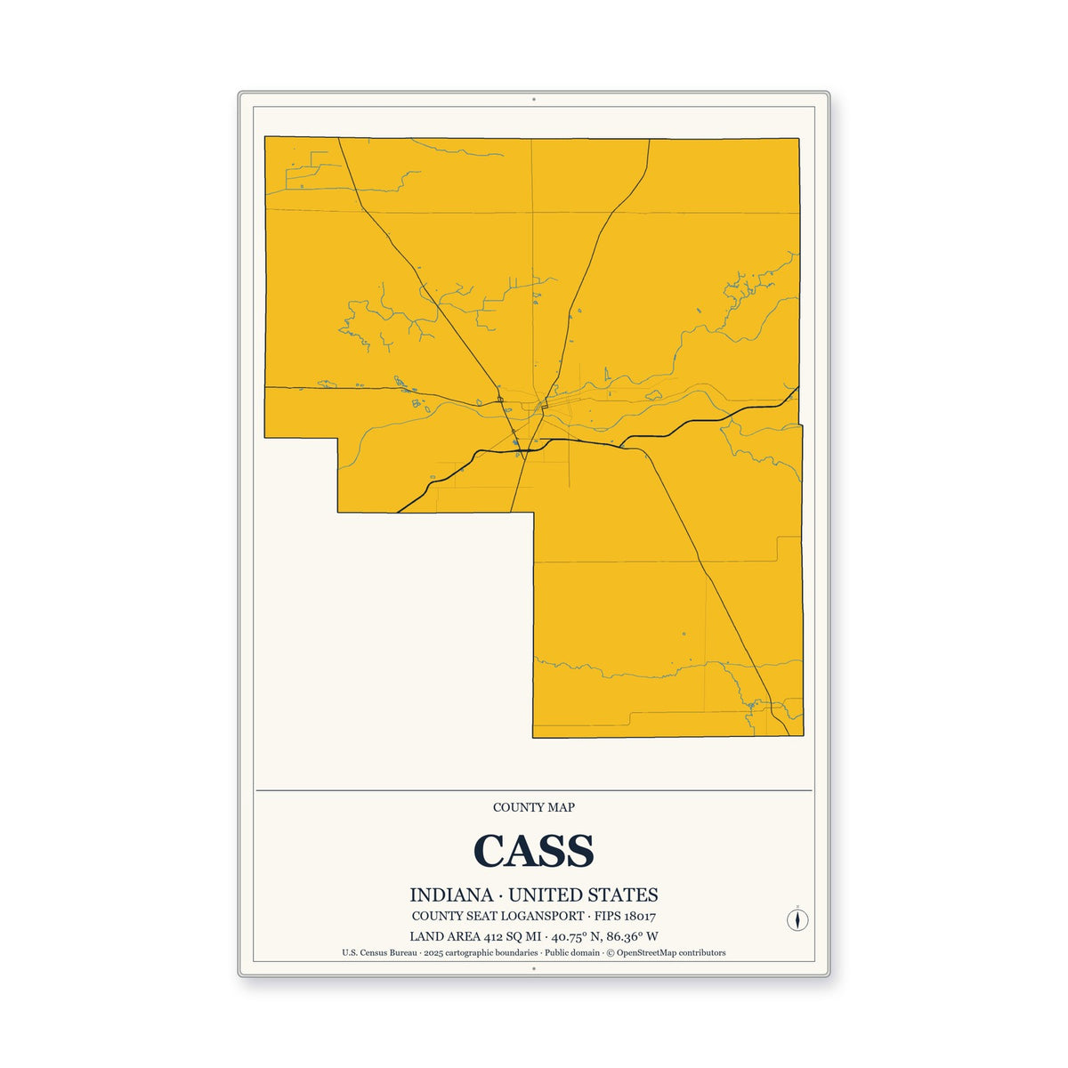 Cass County, Indiana Map Aluminum Sign in Citrine Modern style