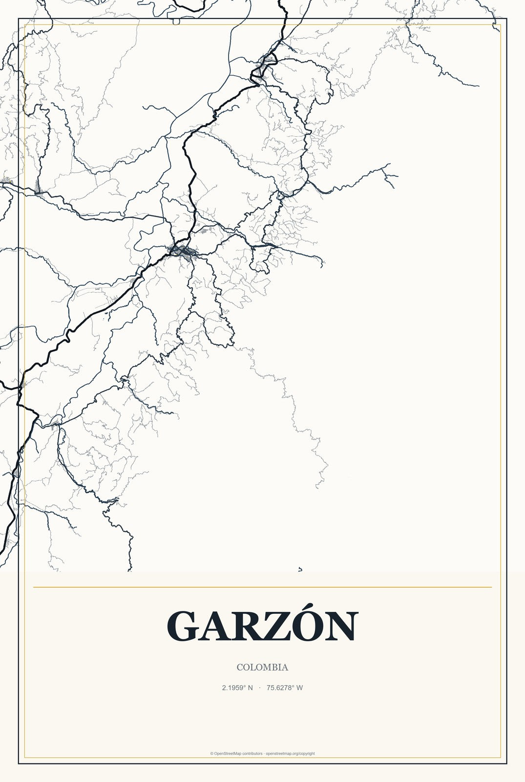 Garzón, Colombia City Map Aluminum Sign in Citrine Modern style