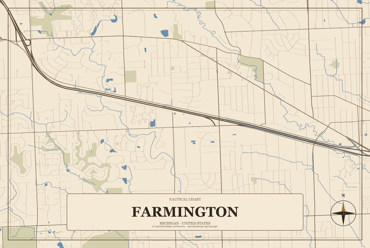 Farmington, Michigan City Map Aluminum Sign in Heritage Nautical style