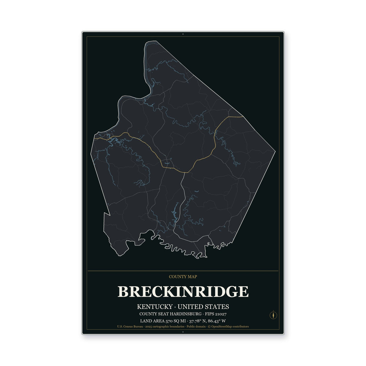Breckinridge County, Kentucky Map Aluminum Sign in Metropolitan Noir style