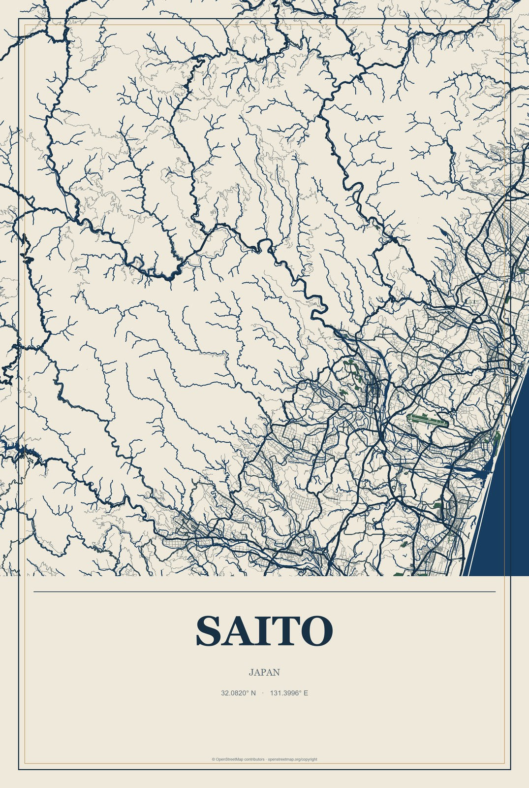 Saito, Japan City Map Aluminum Sign in Coastal Cutout style