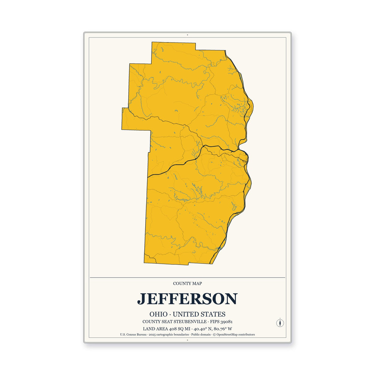 Jefferson County, Ohio Map Aluminum Sign in Citrine Modern style