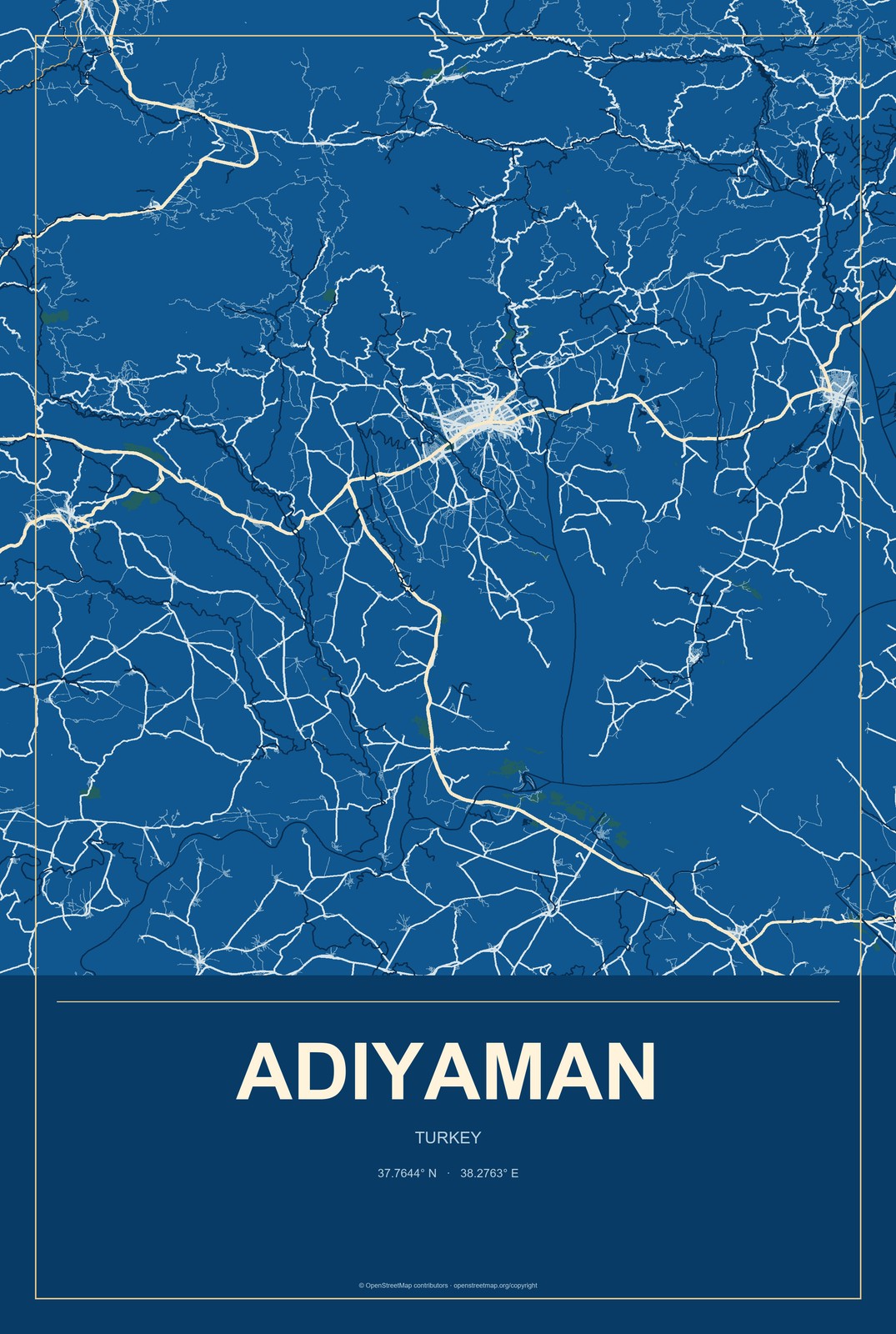 Adıyaman, Turkey City Map Aluminum Sign in Harbor Cobalt style