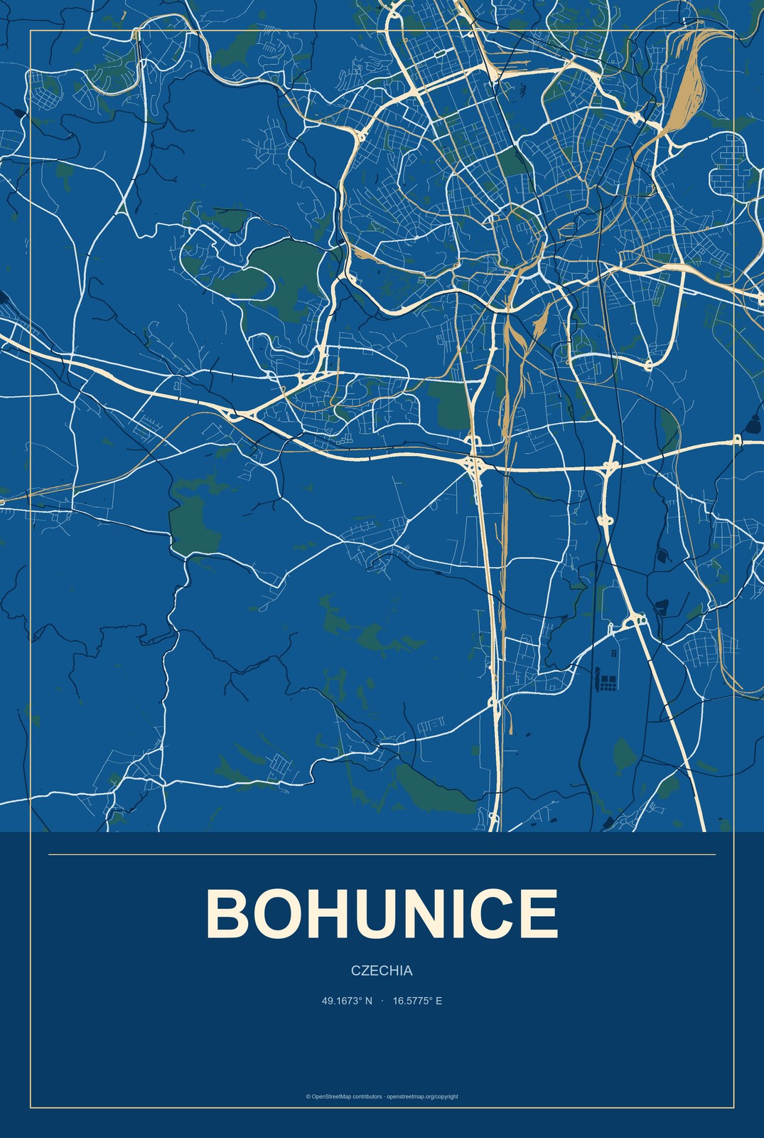 Bohunice, Czechia City Map Aluminum Sign in Harbor Cobalt style