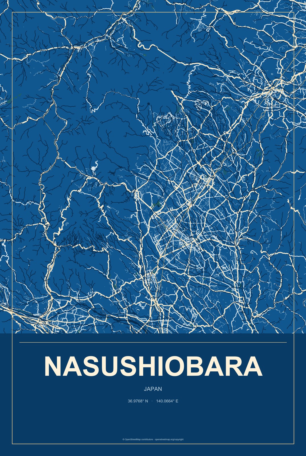 Nasushiobara, Japan City Map Aluminum Sign in Harbor Cobalt style