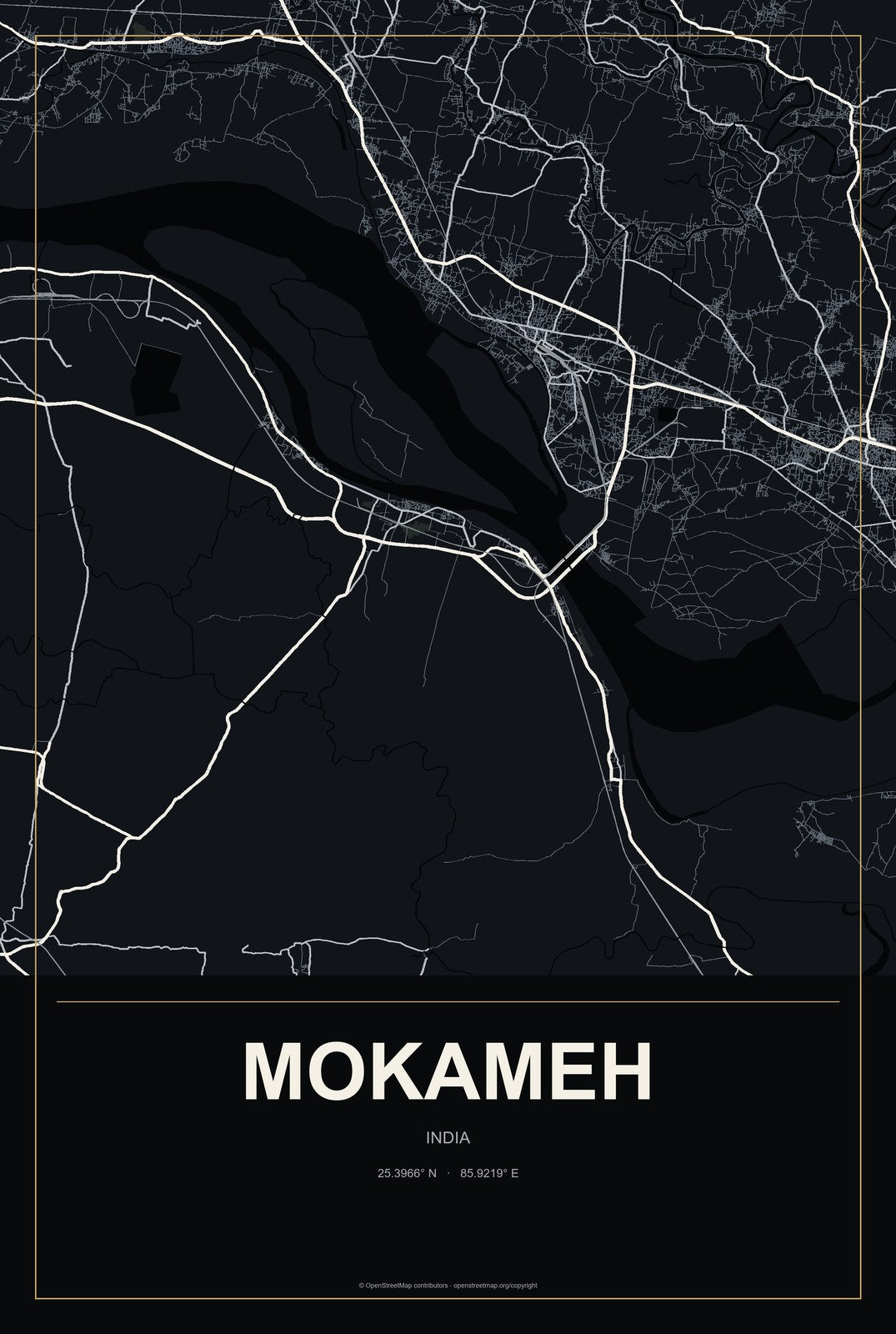 Mokameh, India City Map Aluminum Sign in Metropolitan Noir style