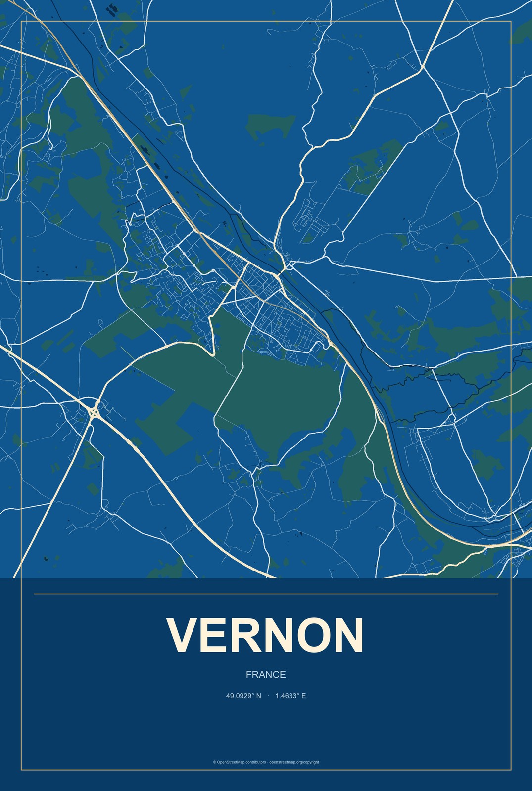 Vernon, France City Map Aluminum Sign in Harbor Cobalt style