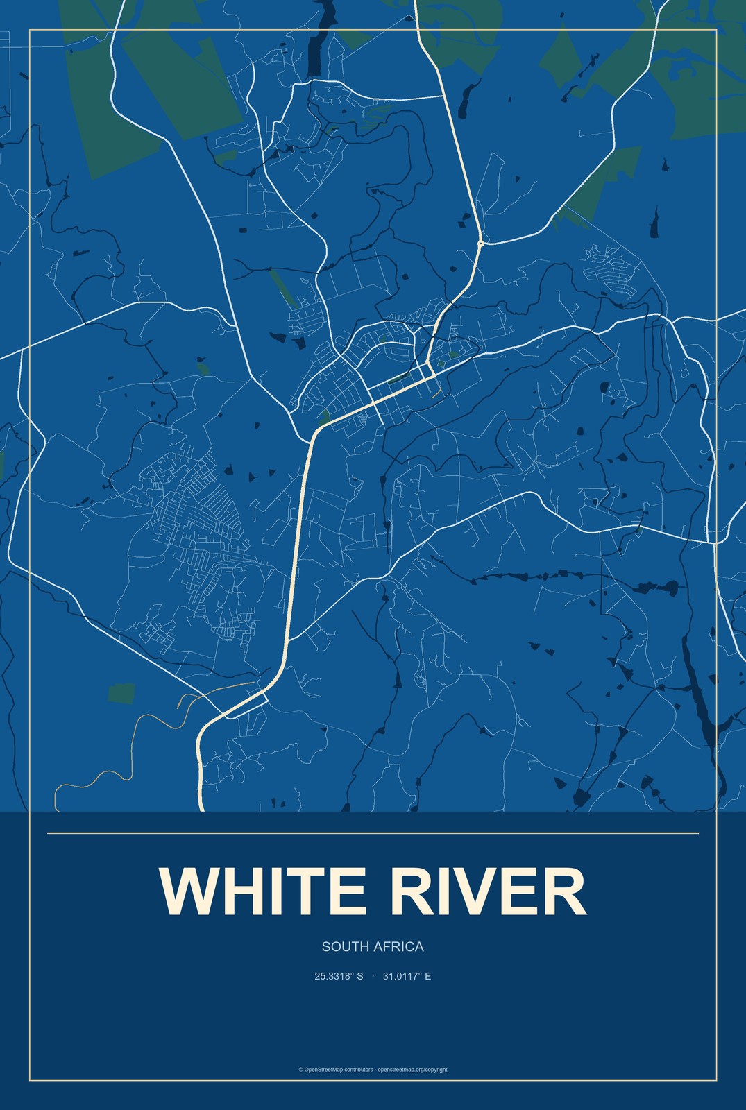 White River, South Africa City Map Aluminum Sign in Harbor Cobalt style