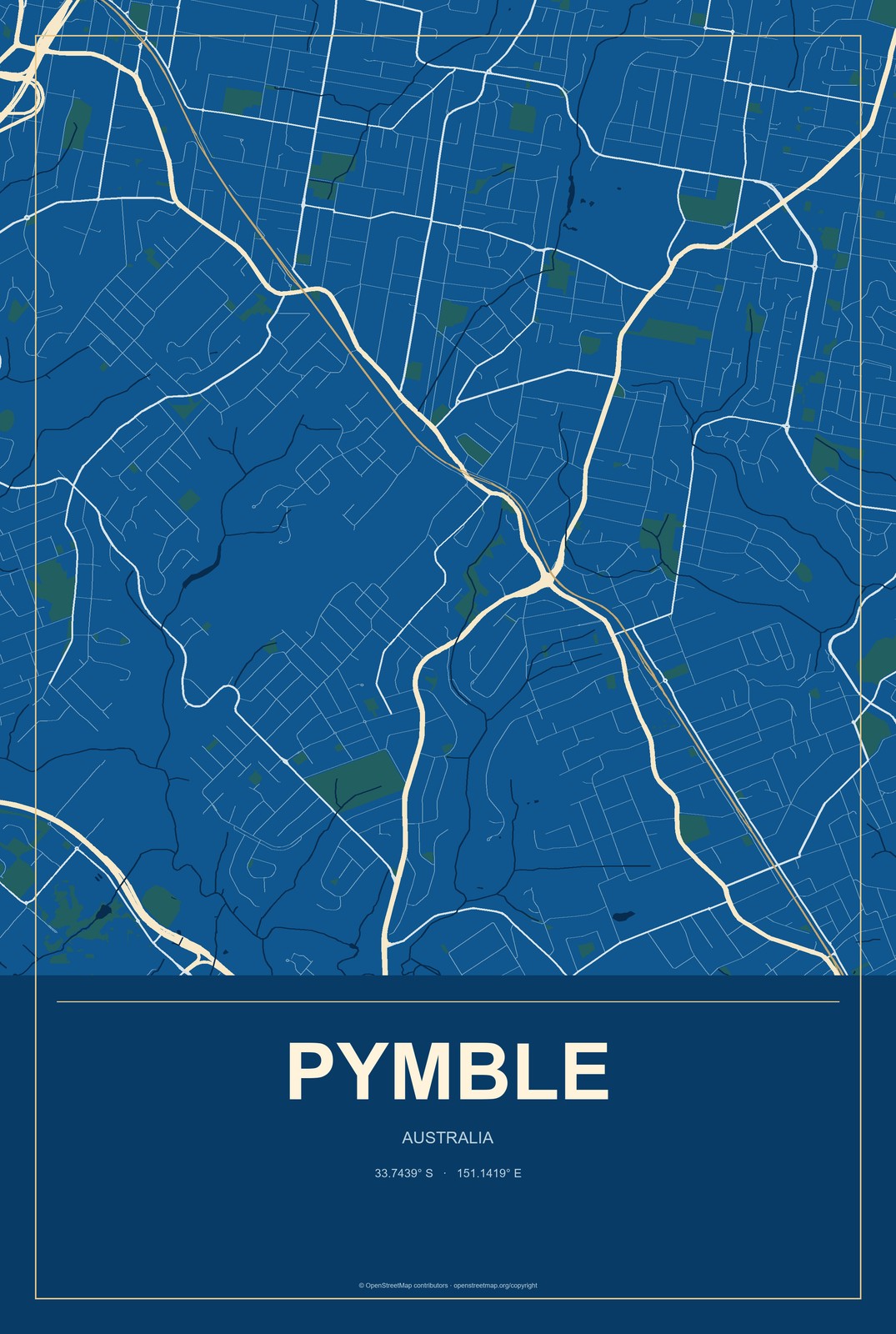 Pymble, Australia City Map Aluminum Sign in Harbor Cobalt style