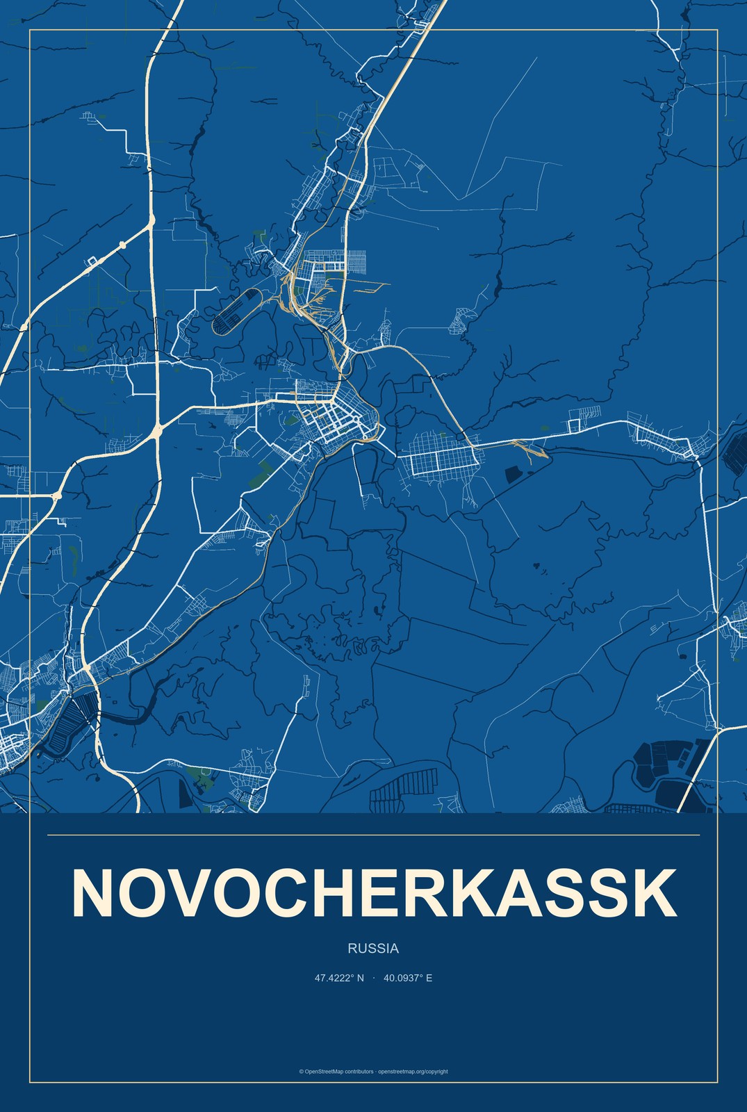 Novocherkassk, Russia City Map Aluminum Sign in Harbor Cobalt style