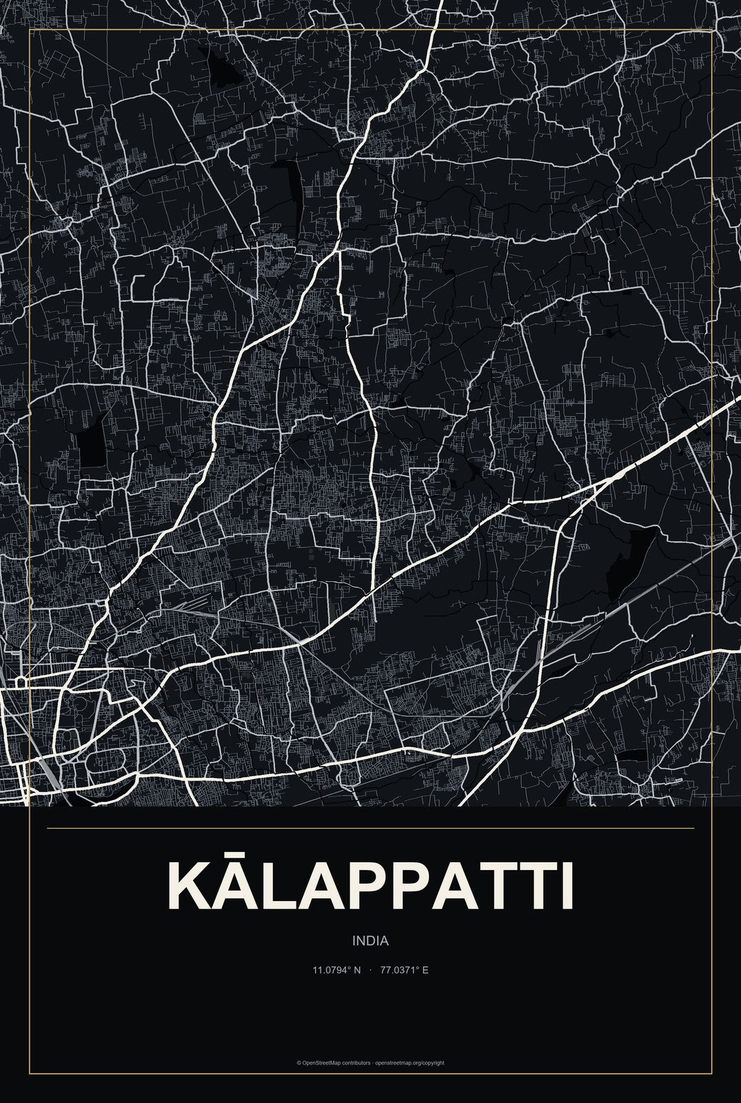 Kālappatti, India City Map Aluminum Sign in Metropolitan Noir style